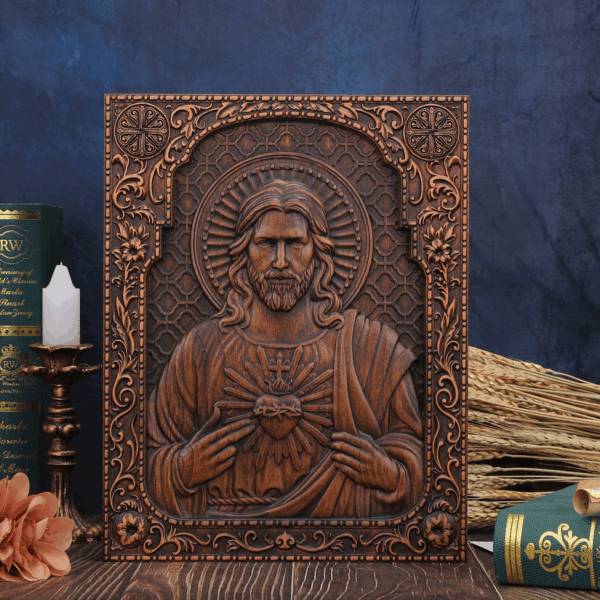 Sacred Heart of Jesus Wood Carved Painting Catholic Icon of Our Lord Christian gift Religious Wall Hanging Crafts - 图片 4