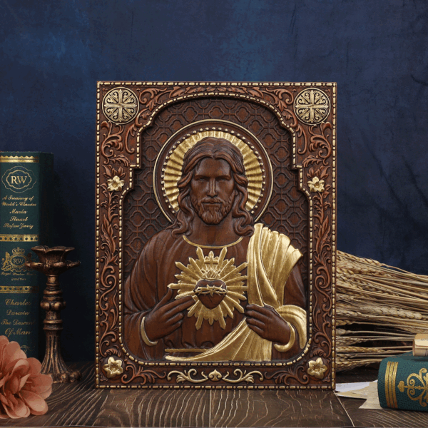 Sacred Heart of Jesus Wood Carved Painting Catholic Icon of Our Lord Christian gift Religious Wall Hanging Crafts