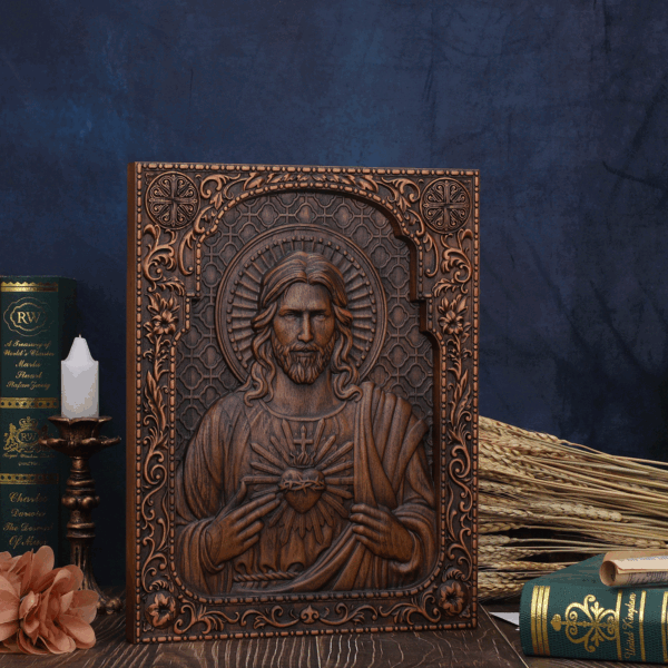 Sacred Heart of Jesus Wood Carved Painting Catholic Icon of Our Lord Christian gift Religious Wall Hanging Crafts - 图片 5