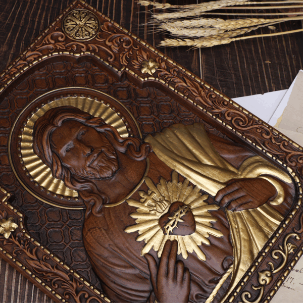 Sacred Heart of Jesus Wood Carved Painting Catholic Icon of Our Lord Christian gift Religious Wall Hanging Crafts - 图片 3