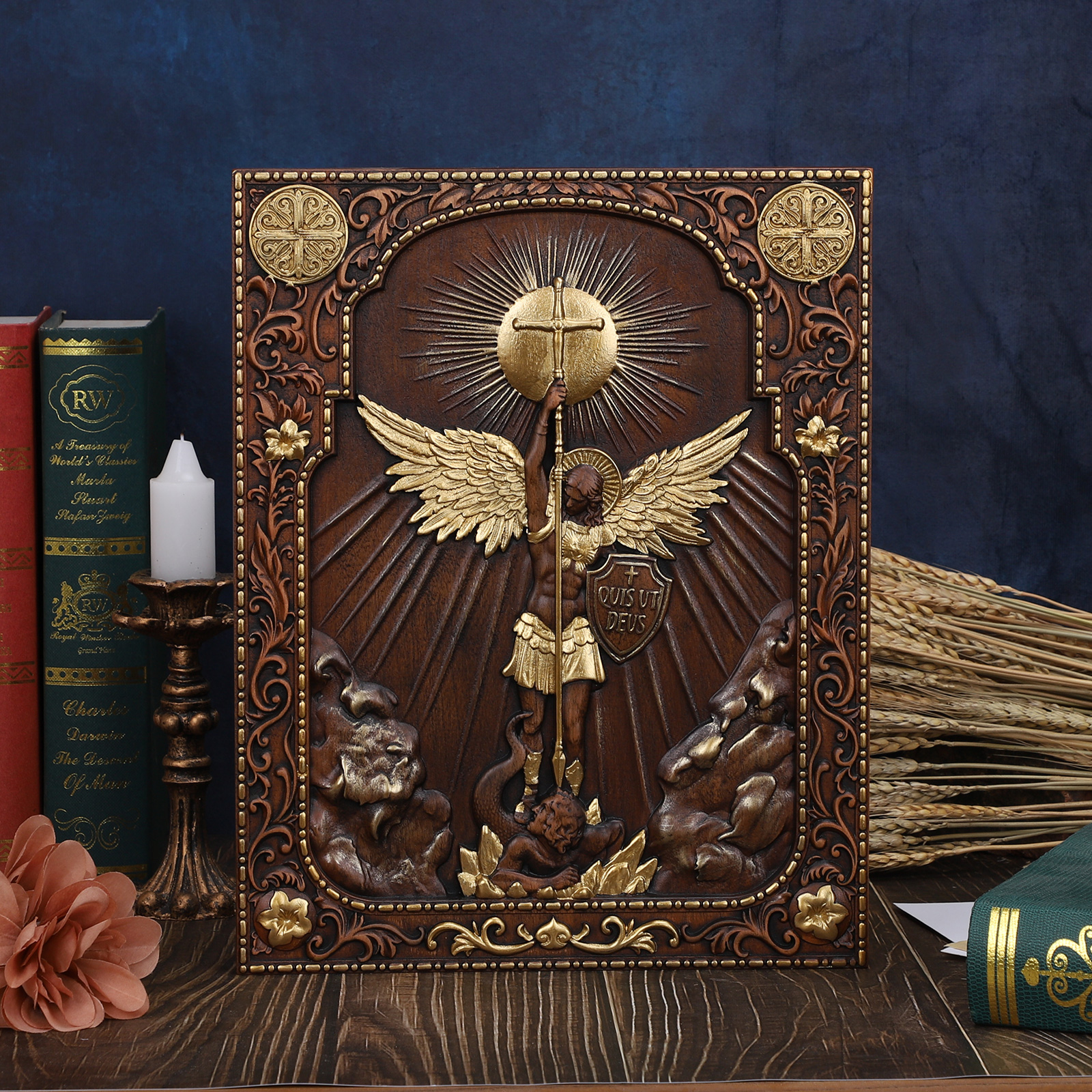 Archangel Michael Sculpture Wall Hanging Wooden Carved Home Decor Plaque Personalized Crafts Christian Gift Idea